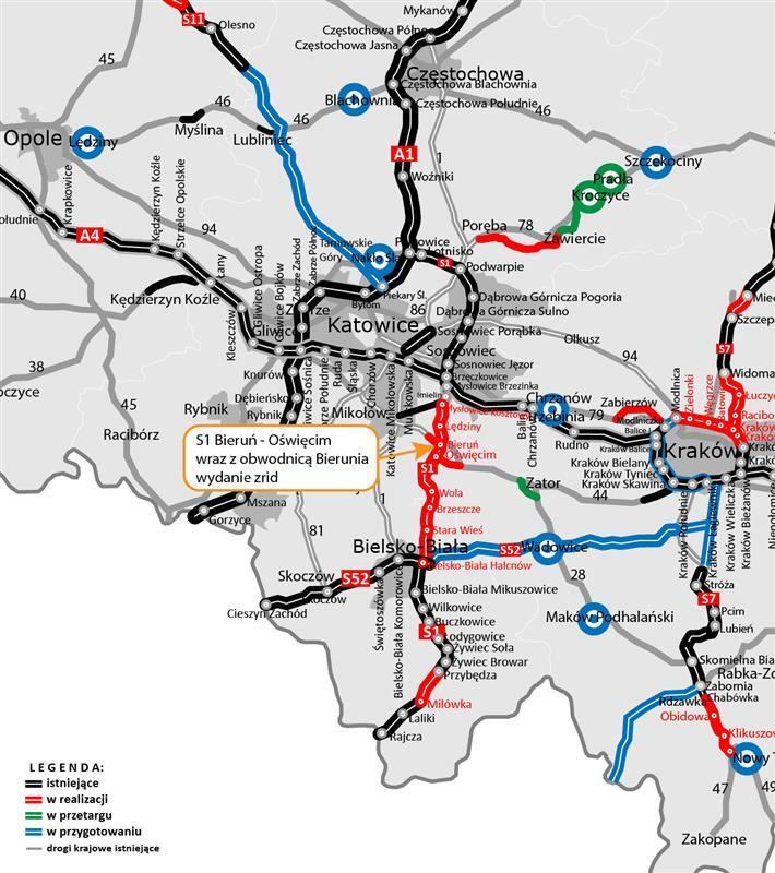 Plan budowanej drogi S1 na odcinku Kosztowy - Bielsko Biała